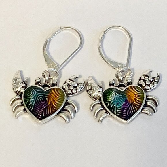 Crab Earrings Dangle Silver Plated Enamel Sea Life Beach Island Zodiac Cancer - Picture 7 of 10